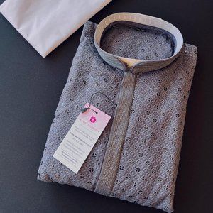 Sequin Chikhenkari Kurta Pajama Set in Dark Grey
